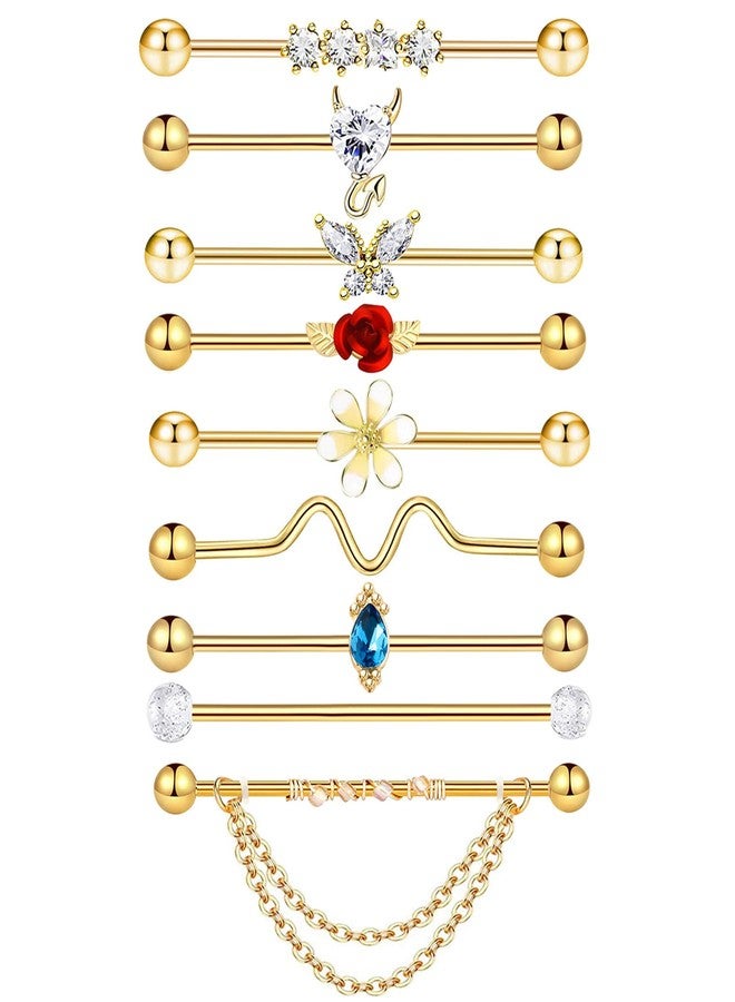 Suotarn 9pcs Gold Industrial Piercing Jewelry 38mm Stainless Steel 14G Industrial Barbell Earrings Ear Cartilage Helix-Conch Piercing Bar 1 1/2 Inch (golden) - Image 1